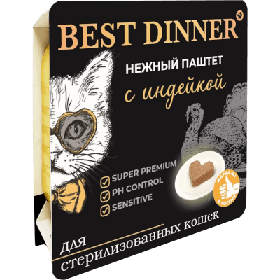 Бест Диннер Супер Премиум Корм влажный для взрослых кошек стерилизованных паштет с индейкой ламистер 100г