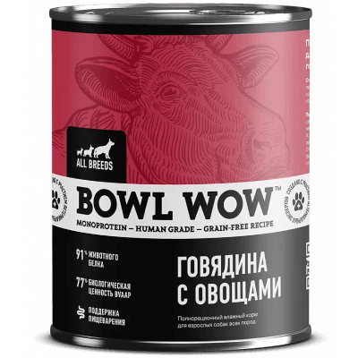 Боул Вау/Bowl Wow Корм влажный для собак говядина/овощи консервы 850г