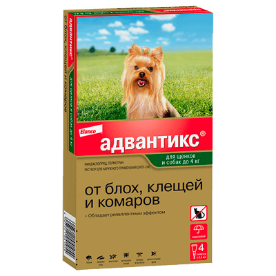 Адвантикс Капли на холку для собак до 4кг от блох и клещей 4 пипетки