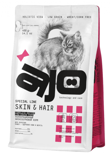 Айо/AJO Cat Корм сухой для кошек skin & hair с лососем, индейкой 400г