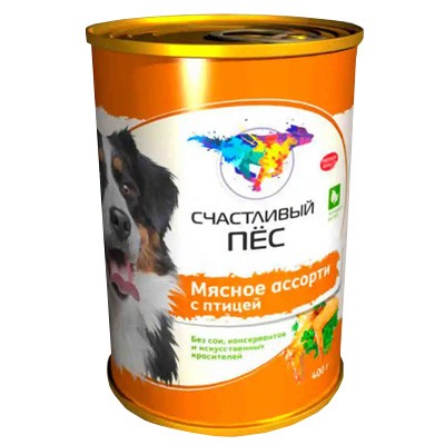 Счастливый пес Корм влажный для собак Мясное ассорти с птицей консервы 400г Счастливый пес Корм влажный для собак Мясное ассорти с птицей консервы 400г