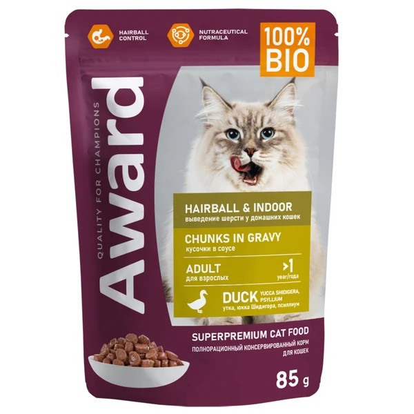 Авард Hairball&Indoor Корм влажный для взрослых домашних кошек для выведения шерсти утка кусочки в соусе пауч 85г