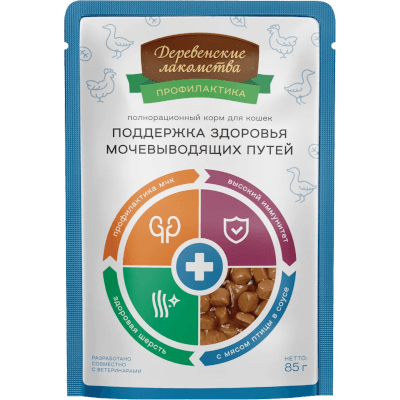 Деревенские лакомства Корм влажный для кошек профилактика мкб птица пауч 85г
