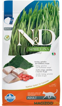 Фармина N&D Spirulina Корм сухой для взрослых кошек сельдь/ягоды годжи 1,5кг