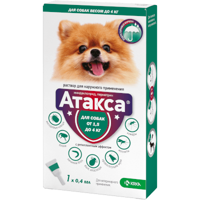 Атакса Капли на холку для собак до 4кг против блох,вшей,власоедов 1 пип 0.4мл