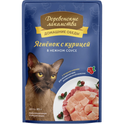 Деревенские лакомства Корм влажный для кошек профилактика мкб ягненок/курица кусочки в соусе пауч 85г Деревенские лакомства Корм влажный для кошек профилактика мкб ягненок/курица кусочки в соусе пауч 85г