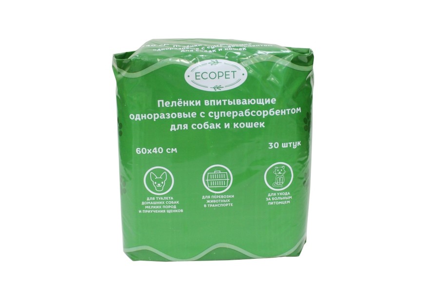 Экопет/Ecopet Пеленки для животных впитывающие с суперабсорбентом одноразовые 60х40см №30