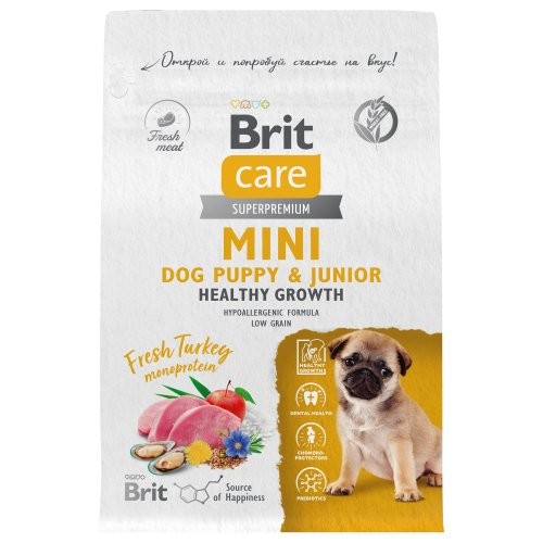 Брит Care Mini Корм сухой для щенков и молодых собак мини пород puppy&junior.healthy growth индейка 400г