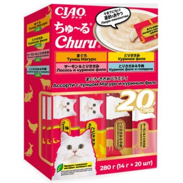 Инаба/Inaba Ciao Churu Лакомство для кошек пюре ассорти тунец магуро/куриное филе (14гх20) 280г