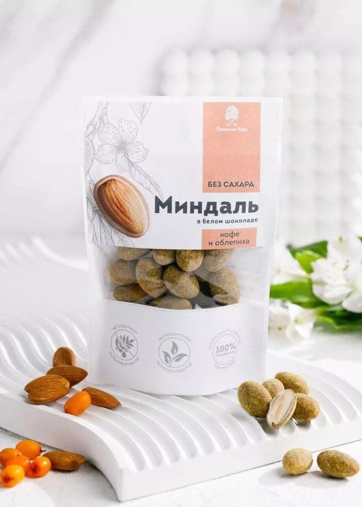 Миндаль Сибирский кедр в белом шоколаде с кофе и облепихой без сахара 60г Миндаль Сибирский кедр в белом шоколаде с кофе и облепихой без сахара 60г
