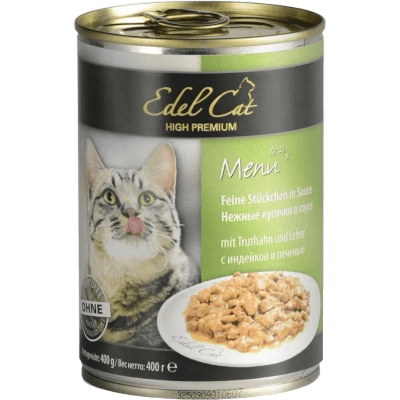 Эдель Кэт Корм влажный для кошек Индейка/Печень нежные кусочки в соусе консервы 400г