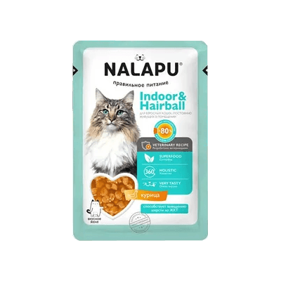 Налапу/Nalapy Indoor&Hairball Корм влажный для кошек живущих в помещении кусочки курицы в желе пауч 77г