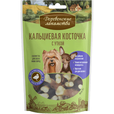 Деревенские лакомства для собак мелких пород кальциевая косточка с уткой 55г