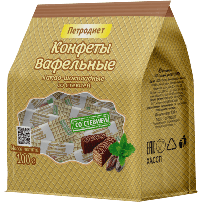 Петродиет Конфеты вафельные на фруктозе какао/шоколад со стевией 100г