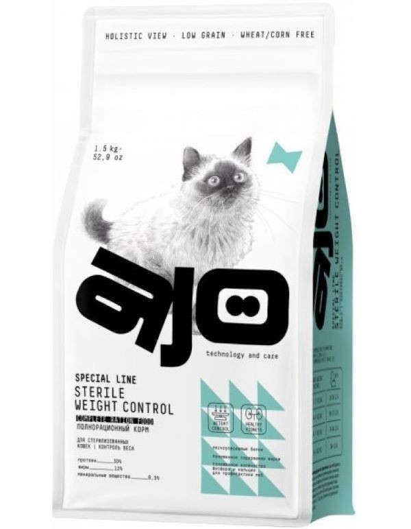 Айо/AJO Cat Корм сухой для стерилизованных кошек sterile weight control контроль веса (с курицей) 1,5кг