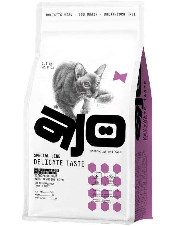 Айо/AJO Cat Корм сухой для привередливых кошек и котят delicate taste с индейкой 1,5кг