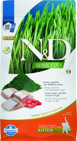 Фармина N&D Spirulina Корм сухой для котят,беременных и кормящих кошек сельдь/ягоды годжи 1,5кг