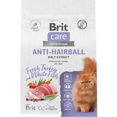 Брит Care Anti-Hairball Корм сухой для взрослых кошек выведение комочков шерсти белая рыба/индейка 400г