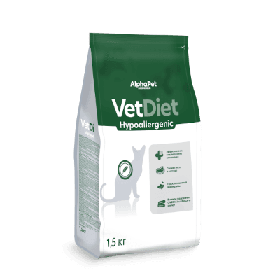 АльфаПет VetDiet Гипоаллердженик Корм сухой для взрослых кошек при пищевой аллергии 1,5кг