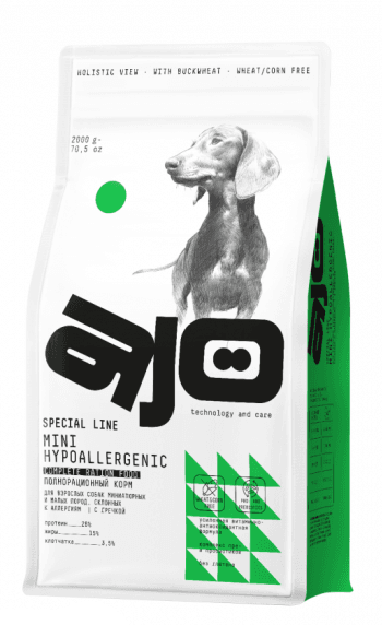 Айо/AJO Dog Корм сухой для взрослых собак миниатюрных и малых пород, склонных к аллергиям mini hypoallergenic с гречкой и индейкой 2кг