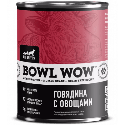 Боул Вау/Bowl Wow Корм влажный для собак говядина/овощи консервы 340г