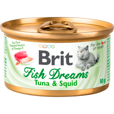 Брит Fish Dreams Корм влажный для кошек тунец/кальмар консервы 80г