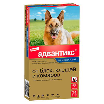 Адвантикс Капли на холку для собак более 25кг от блох и клещей 4 пипетки 4мл